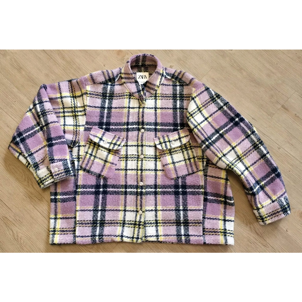 ZARA Women's Lilac Embellished‎ Plaid Shacket Jewel Buttons Long Sleeve Purple S